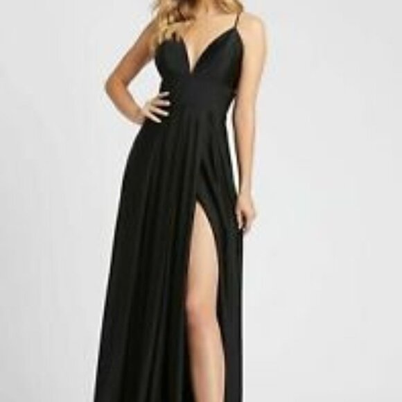 Ieena For Mac Duggal Black Deep V-Neck High Slit Sleeveless Gown Prom